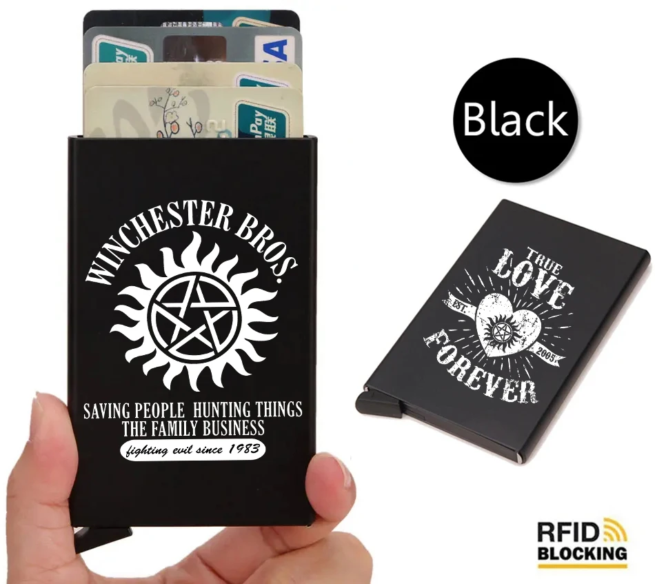 Supernatural Rfid Smart Wallet Card Holder Metal Thin Slim Men Women Wallets Pop Up Small Black Purse Vallet 6 Cards Walets