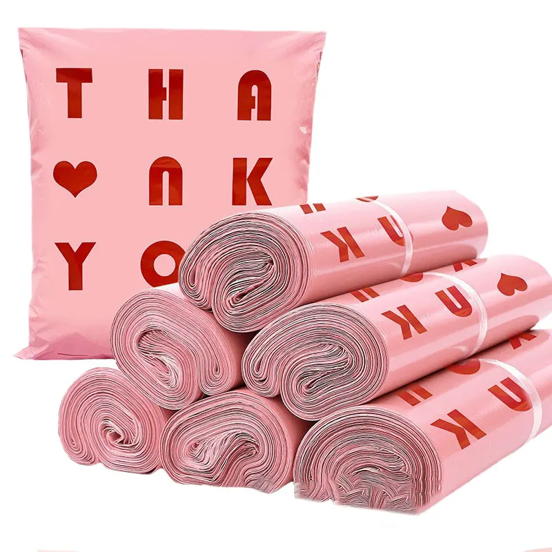 50Pcs Pink Envelope Poly Bag Waterproof Courier Packing Bags For Business Clothing PE Mailing Postal Bags THANK YOU Print