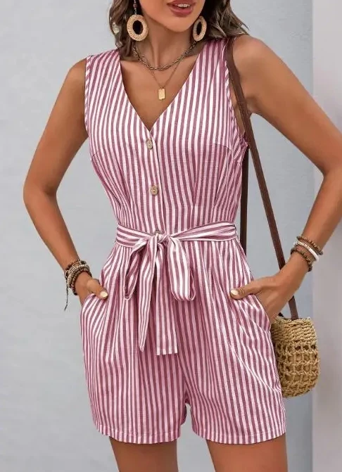 Women's Sleeveless V - Neck Romper, Striped Pattern with Button Front and Self - Tie Belt, Minimalist Jumpsuit Design