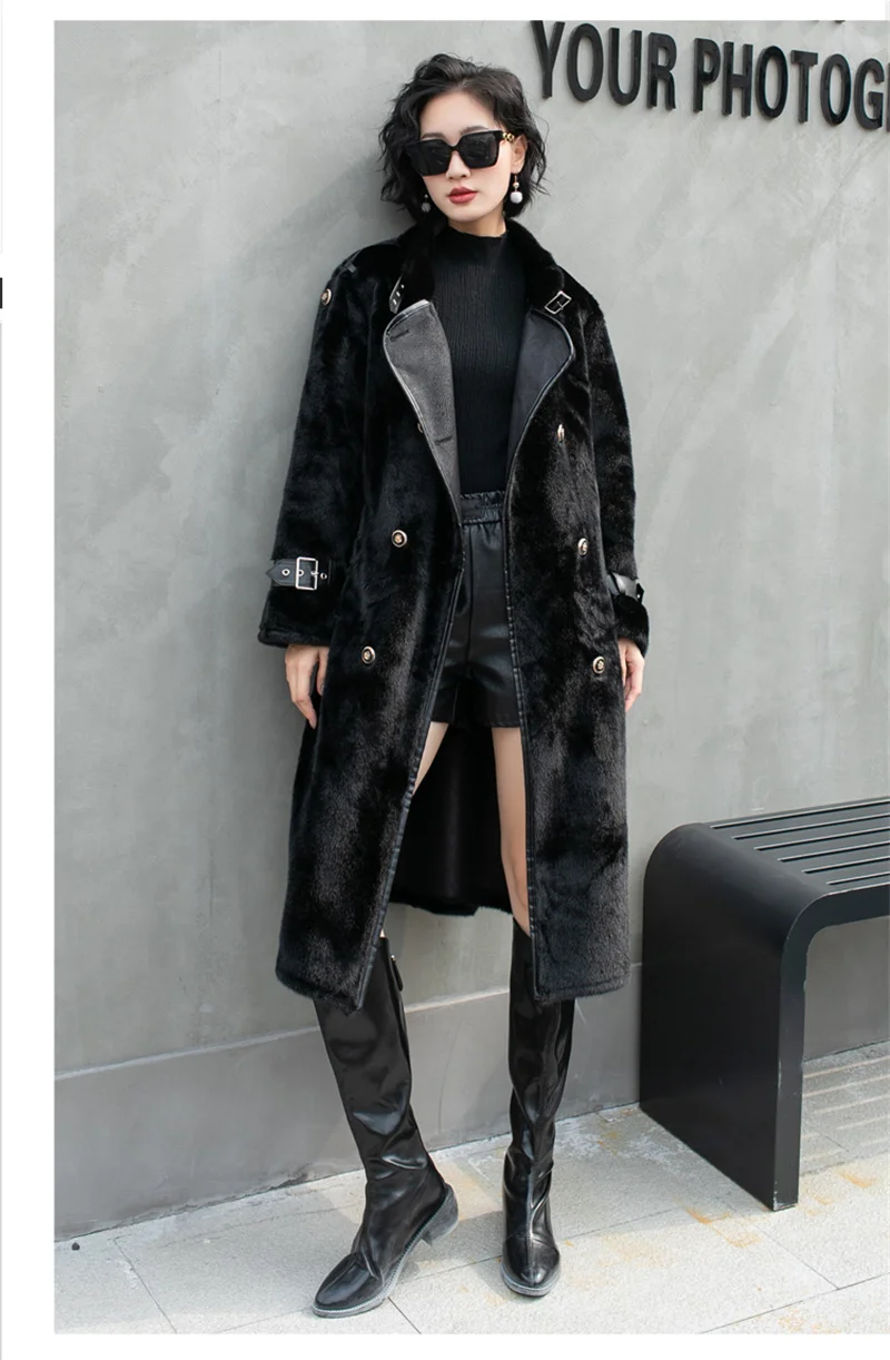 ZAROY Faux Fur Patchwork Leather Women Long Coat Winter Elegant Double-breasted Belt Thick Warm Overcoat Snow Jacket Outerwear
