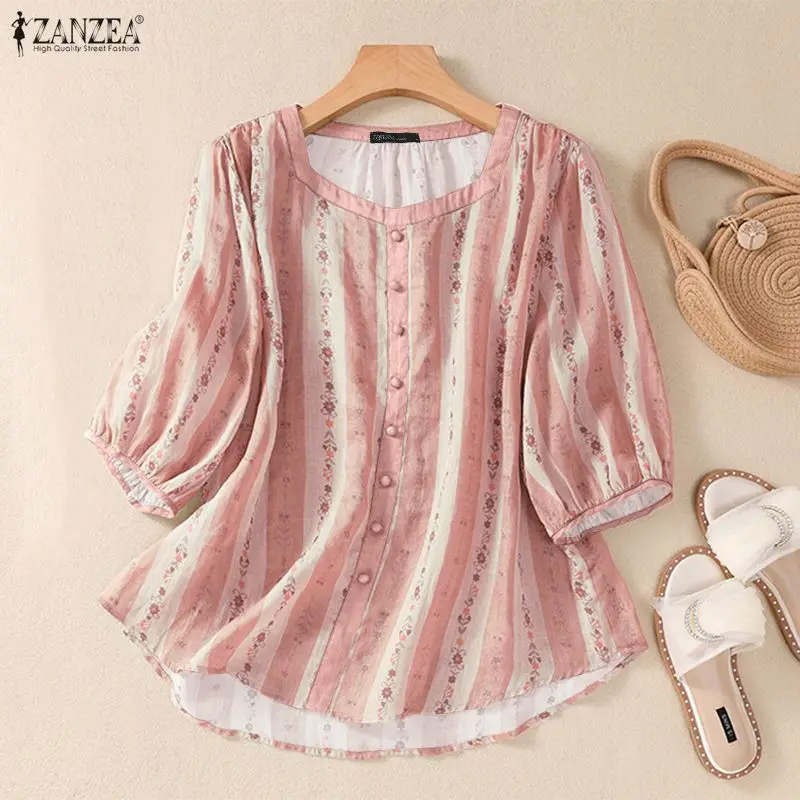 

ZANZEA Print Vintage Blouse Women Summer Puff Sleeve Tops Casual Shirts Fashion Spring Loose Square Collar Oversize Female Blusa
