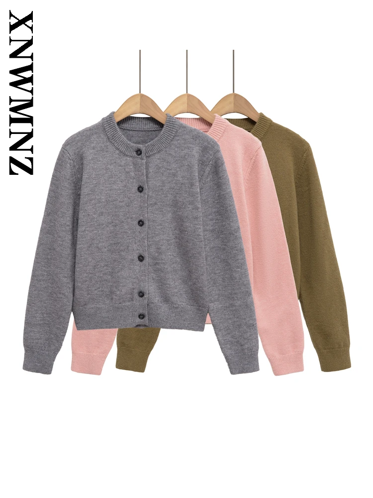 

XNWMNZ 2025 Autumn New Lady Chic Commuting Long Sleeve Knitted Long Sleeve Top Simple Casual Woman O-Collar Fashion Cardigan