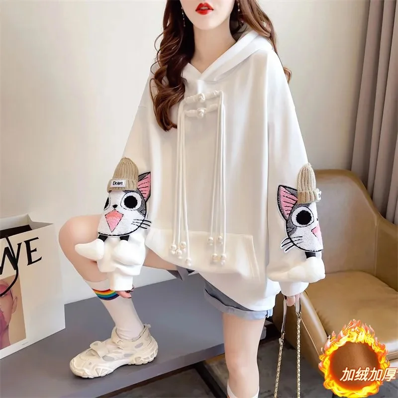 Plus Velvet Padded Mid-Long Hooded Sweater Women\'s New Autumn Winter Embroidered Pullover Coat Large Size Fashion Hoodies Female