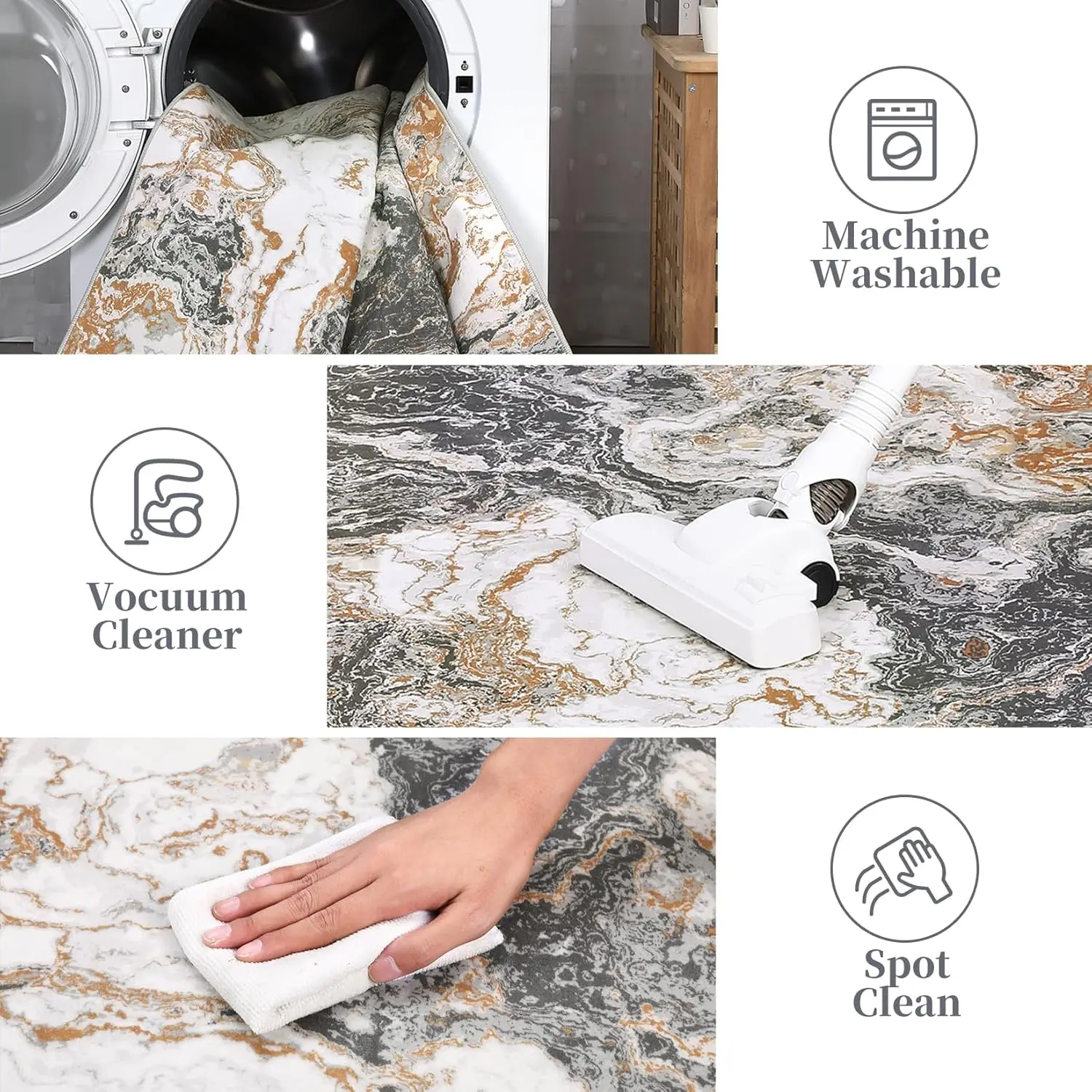 سجادة منطقة قابلة للغسل لغرفة المعيشة، 160 × 230 سم، سجادة منخفضة غير قابلة للانزلاق، سجادة حديثة ناعمة قابلة للطي مع حواف معززة لغرفة النوم