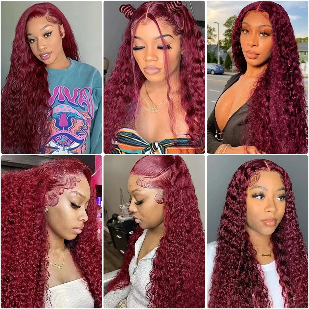 باروكات عميقة 99J بورجوندي شعر مستعار مجعد 13x6 شعر بشري دانتيل أمامي كامل ملون 13x4 HD شعر مستعار شفاف شعر مستعار موجة عميقة 200% كثافة