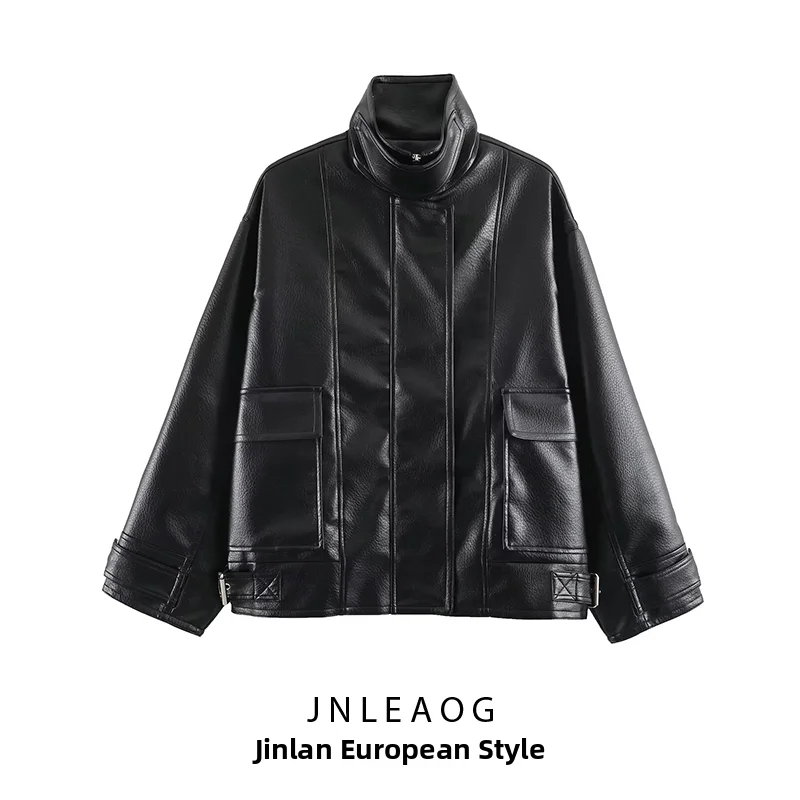 JNLEAOG Women's Fashionable Leather Effect Loose Outerwear Summer New Style Versatile Polyester Fiber Long Sleeve Zipper Closure