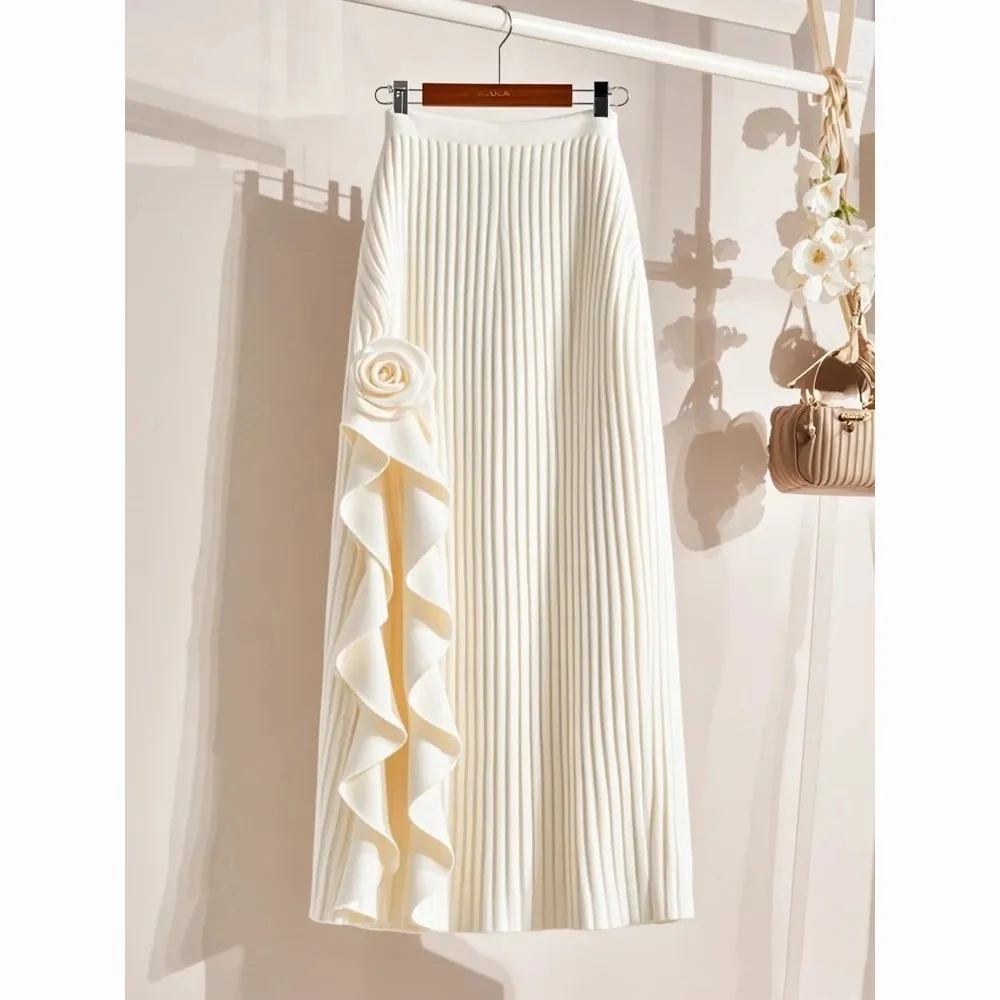 Korean Version Rose irregular A-line Skirt Women 2026 Spring Autumn New High Waisted Half Skirt Womens Mid length Skirt Women