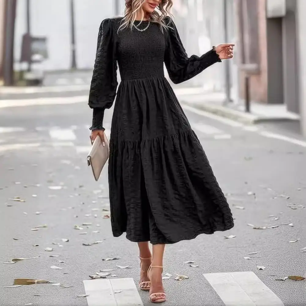 

Puff Sleeve Dress Bohemian Style Midi Dress with Lantern Sleeves Pleated A-line Design for Fall Spring Parties Dates Elegant