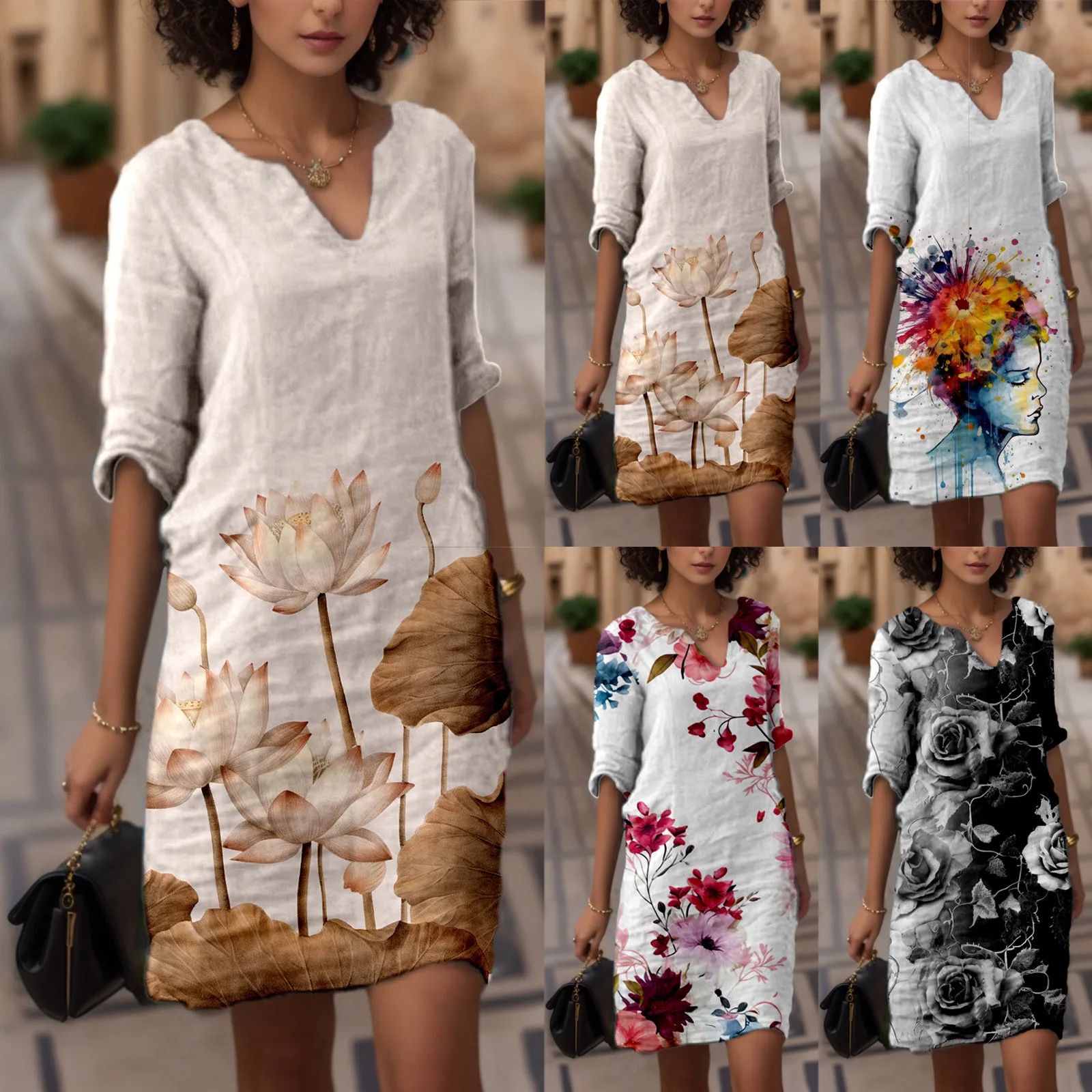 

Women Summer Casual Retro Flower Print V Neck Mid Length Mid Sleeved Dress Vestido Robe Femme