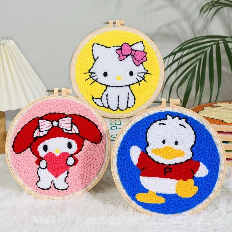 DIY Cartoon Punch Embroidery Kits, Frog, Bear, Cat, Poke Punch Needle, Wool Yarn, Picture for Children, Beginners, Wholesales