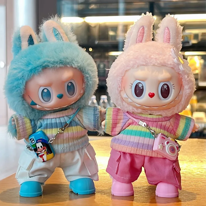 Per 15/17 centimetri carino Labubu Mini Bambole A Righe T-Shirt Pantaloni Cargo Vestiti Vestito Labubu V1 V2 bambola abbigliamento giocattoli fai da te Accessori