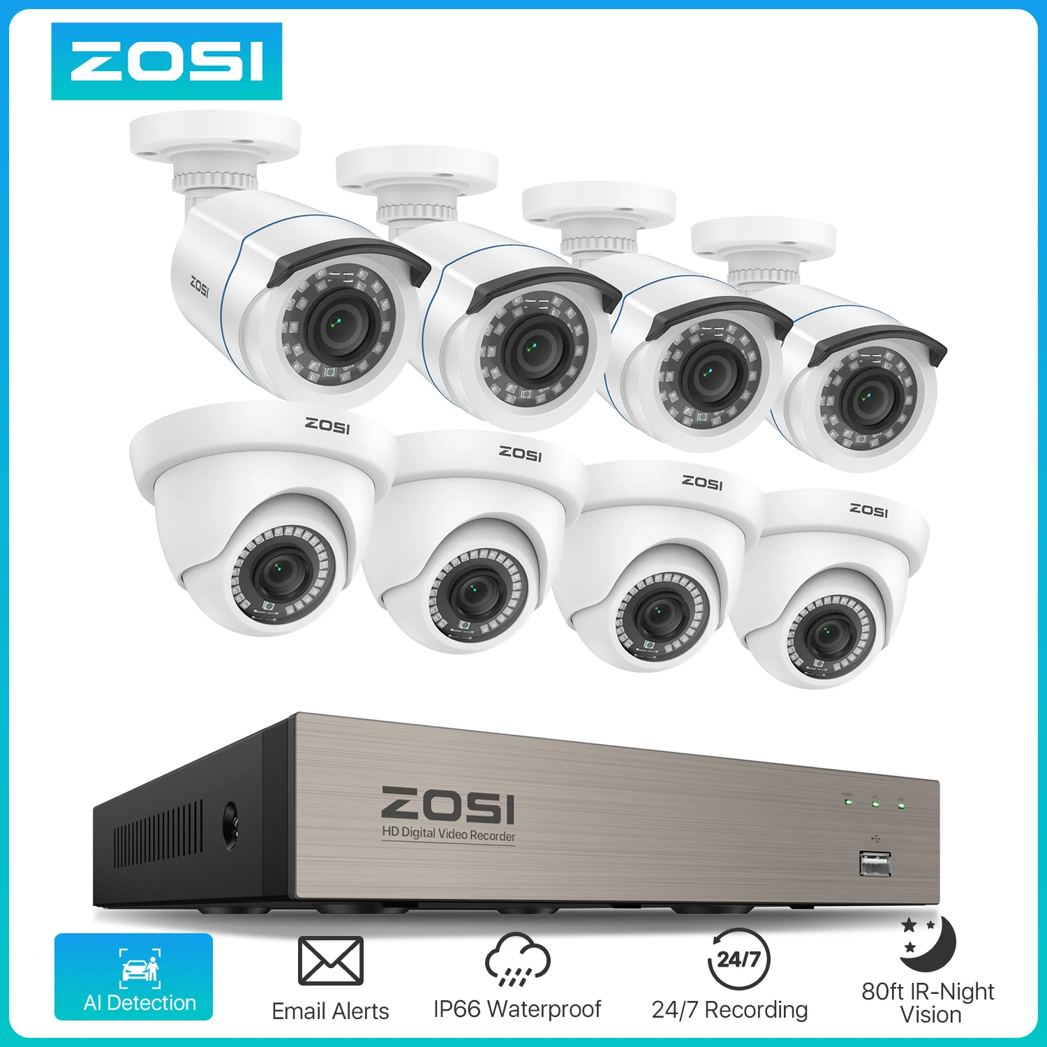 ZOSI 8CH 1080p Wired Security Cameras System 8Channel H.265+ DVR Recorder 8pcs 2MP HD-TVI Outdoor CCTV Surveillance Cameras Kit