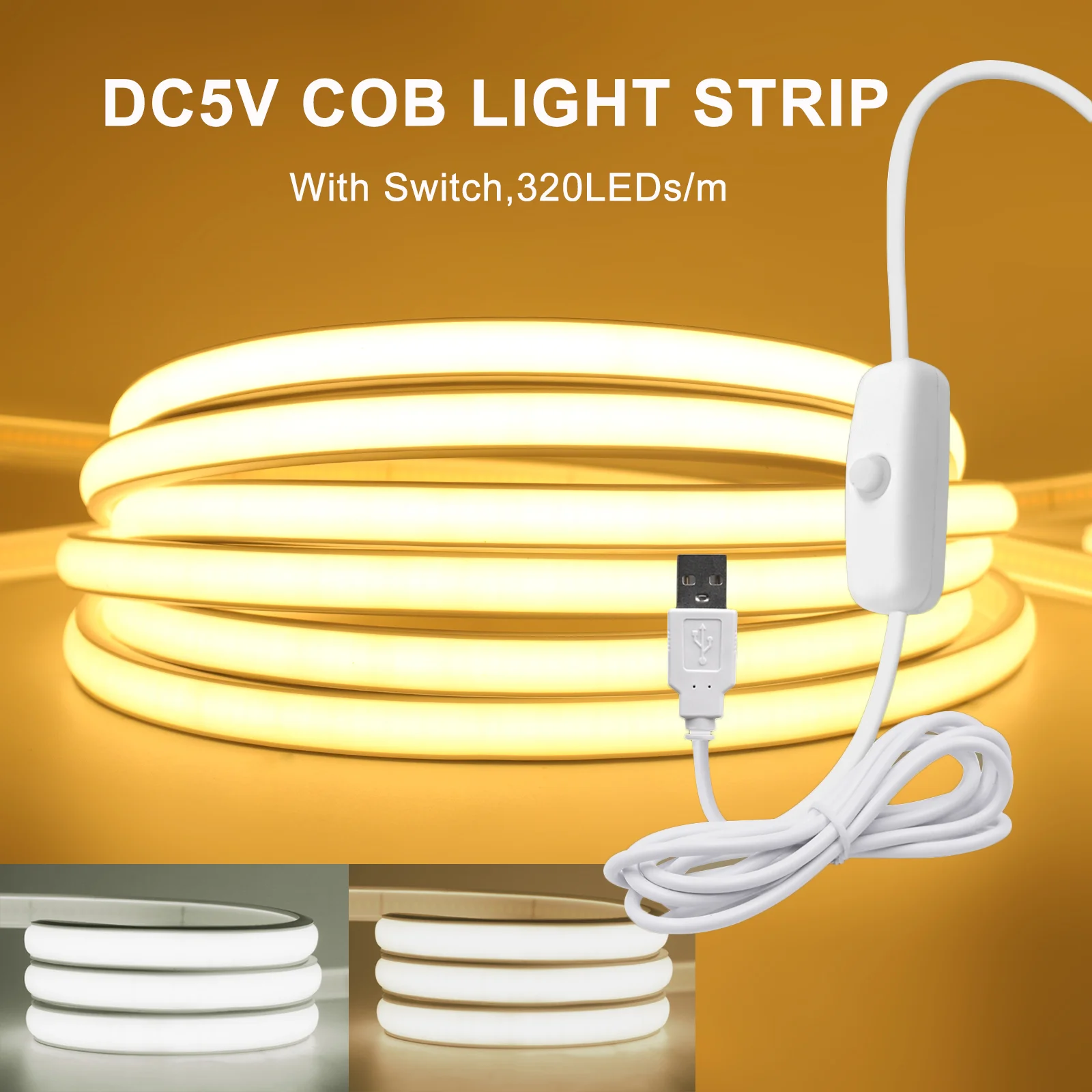 

Светодиодная лента COB DC5V с выключателем, 320 светодиодов/м, гибкая неоновая подсветка, питание от USB, водонепроницаемая, FOB LED-лента, 3000K-6000K, лента-полоса