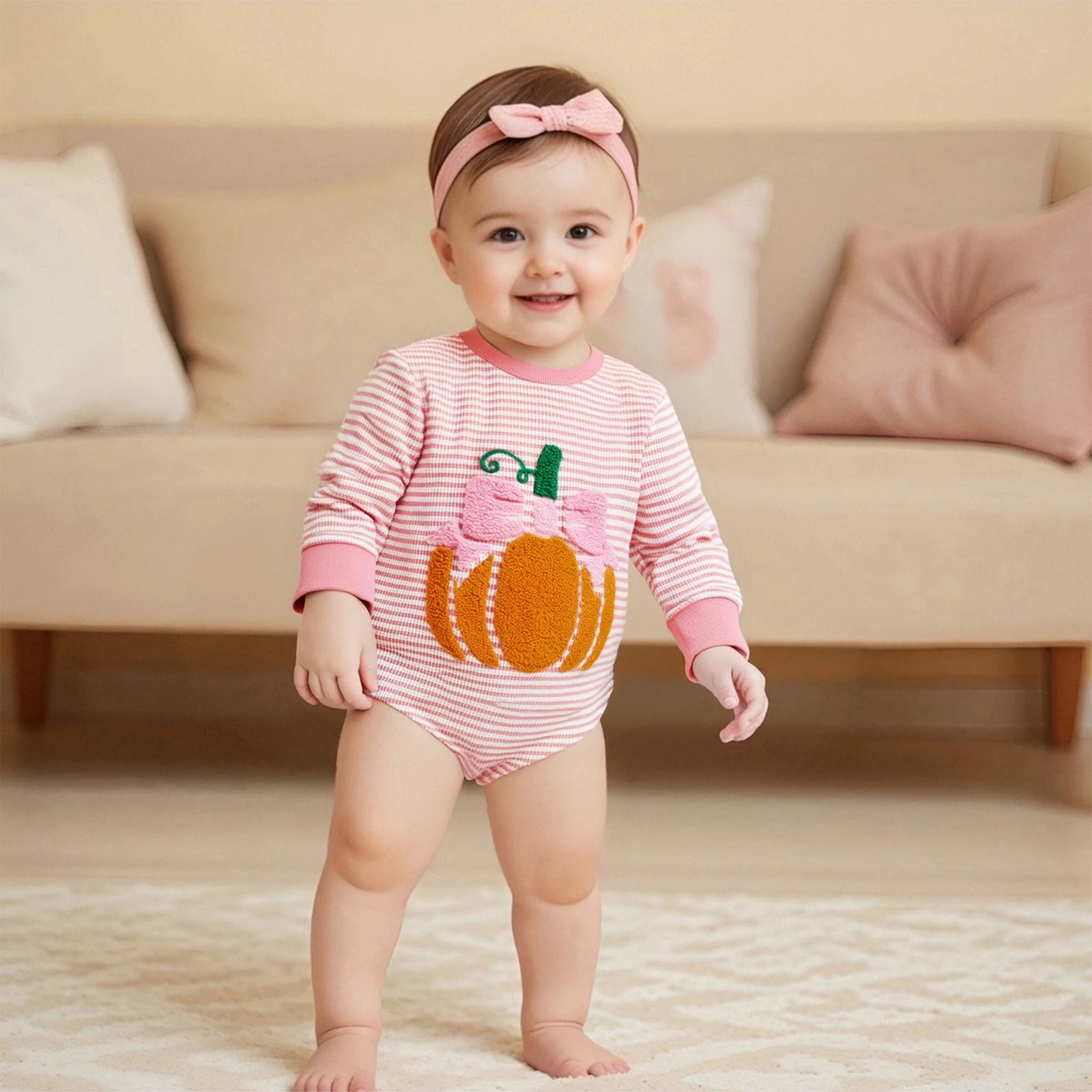 

Baby Clothing Girl Pumpkin Embroidered Jumpsuit Halloween Long Sleeve Round Neck Striped Romper Newborn Clothes