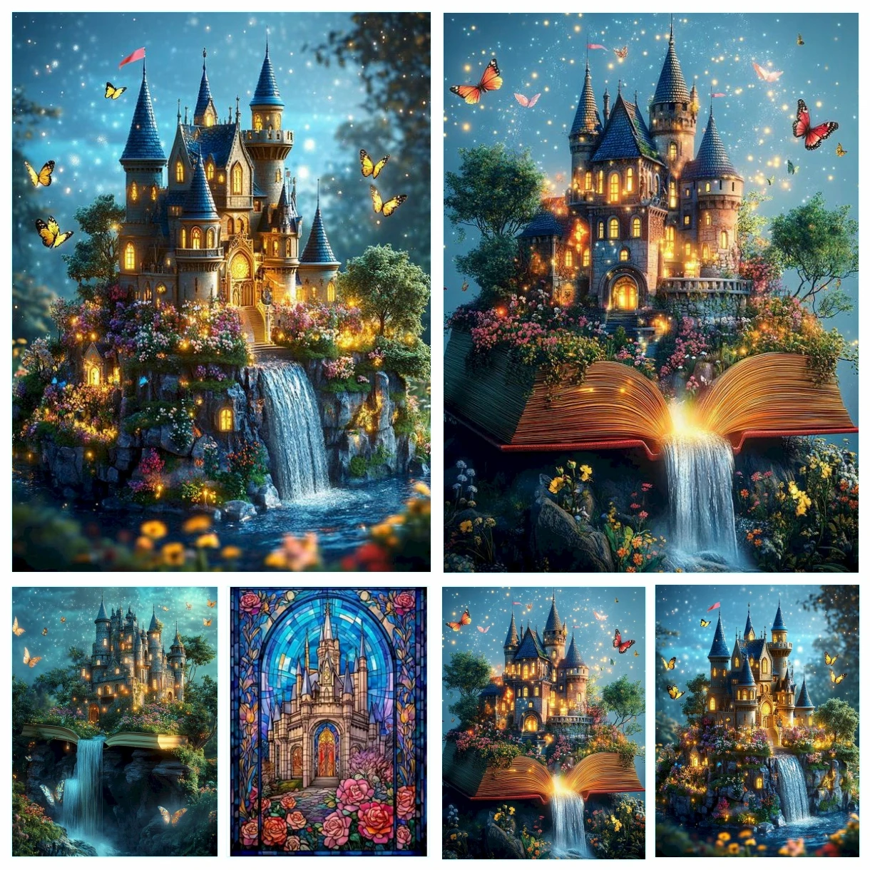 5D-Diamant-Malerei-Set zum Selbermachen, Stickerei, Fantasy-Schloss, volle Runde, Diamant-Kunst, Mosaik, Wasserfall, Landschaft, Dekor, Geschenk für Zuhause, Wand
