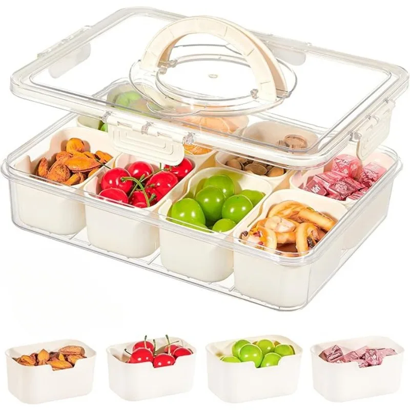 1Pc Snackle Box with Handle and Lid Stackable Food Storage Container with 8 Removable Compartments for Fruit Nut Organizer
