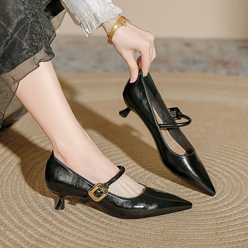 

2024 New Vintage Pointed Toe Soft Leather Mary Jane Women's oes Medium Heel Bule Design Faionable Casual Footwear