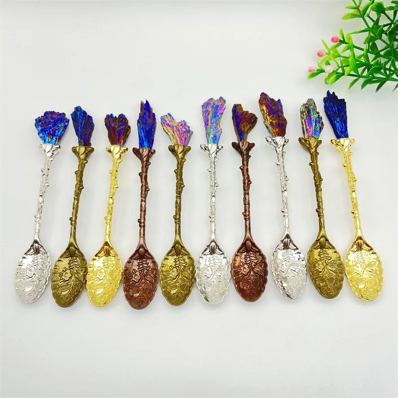 Exquisite Ice Cream Decor Spoon Inlaid Natural Crystal Black Tourmaline Electroplated Peacock Blue Flame Feather Cluster Ore 1pc