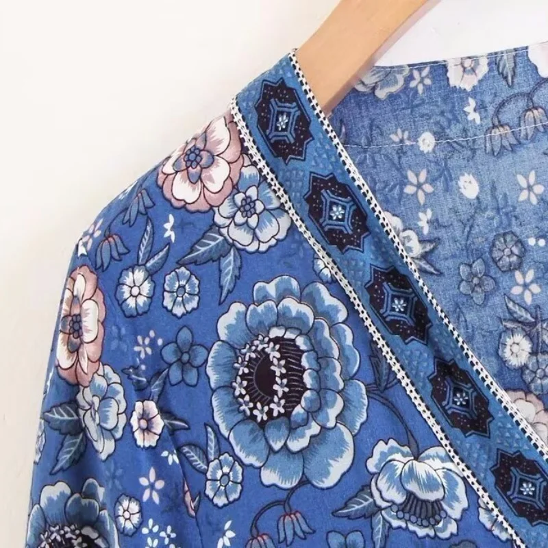 فستان نسائي صيفي قصير الأكمام للعطلات فستان كاجوال لقضاء عطلة الشاطئ فستان نسائي فضفاض مناسب بطبعة زهور فستان بوهو ميدي #4