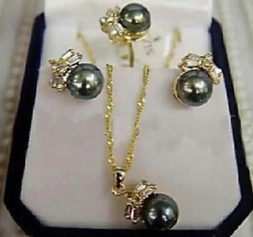 

Fashion jewelry Jewelry CHARMING 100% Natural Black Pearl Earring Ring & Necklace Set-Bride jewelry free shipping