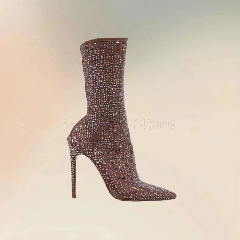 

Brown Pointed Toe Rhinestone Decor Boots Slip On Women Shoes Thin High Heels Fashion Party Feast Dating 2024 Zapatos Para Mujere