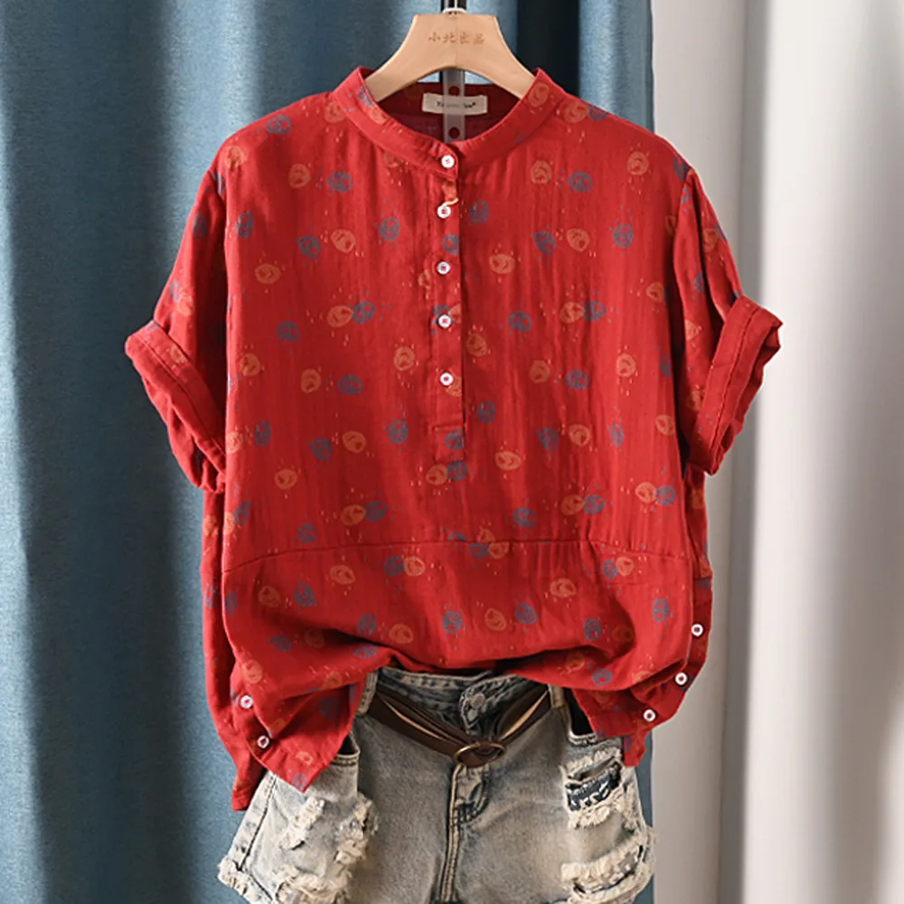 New Spring Cotton Yarn Casual Fashion Shirt Standing collar Printed Tops Women\'s Short Sleeved Loose Blouse 2024 Summer T44412QH