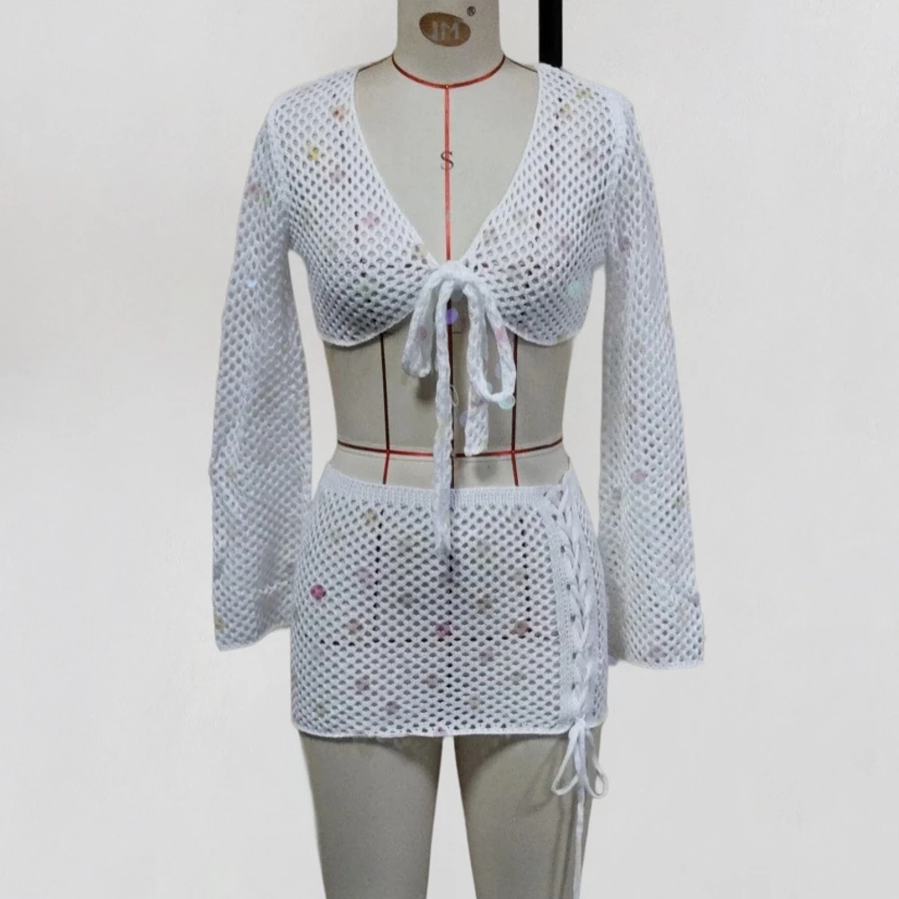 Swimwear Skirt Cover-up 2 Piece Set Women Crop Tops And Mini Skirt Bathing Suit Fashion Solid Hollow Sexy Beach Cover Up Outfits