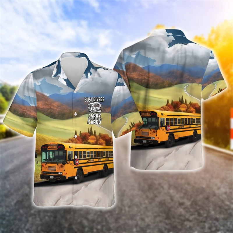 Homens 3D Ônibus Escolar Impresso Camisas, Carro Motorista Gráfico Camisa de Praia, Blusa Aloha Lapel, Tops Havaianos, Roupas Dos Desenhos Animados, Presente Engraçado