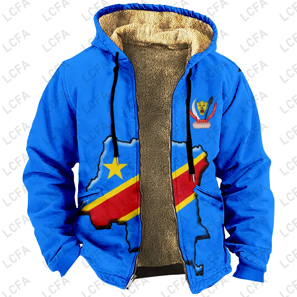 Winter Men's Zipper Hoodies Democratic Republic Congo Flag Print Men  Cold Clothing Long Sleeve Jacket Sweatshirt Warm Outerwear