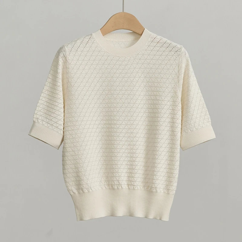 Birdsky, 1PC Women sweater pullover top tee  70% real mulberry silk 30% cotton White Navy. S-1051