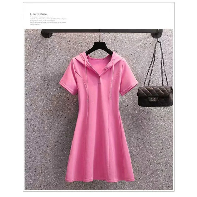 Anti-Aging Hooded Summer Dress Women's Short Sleeve A-Line Midi Dress Slimming Waist Cinched Meat Concealing Polyester Knitted