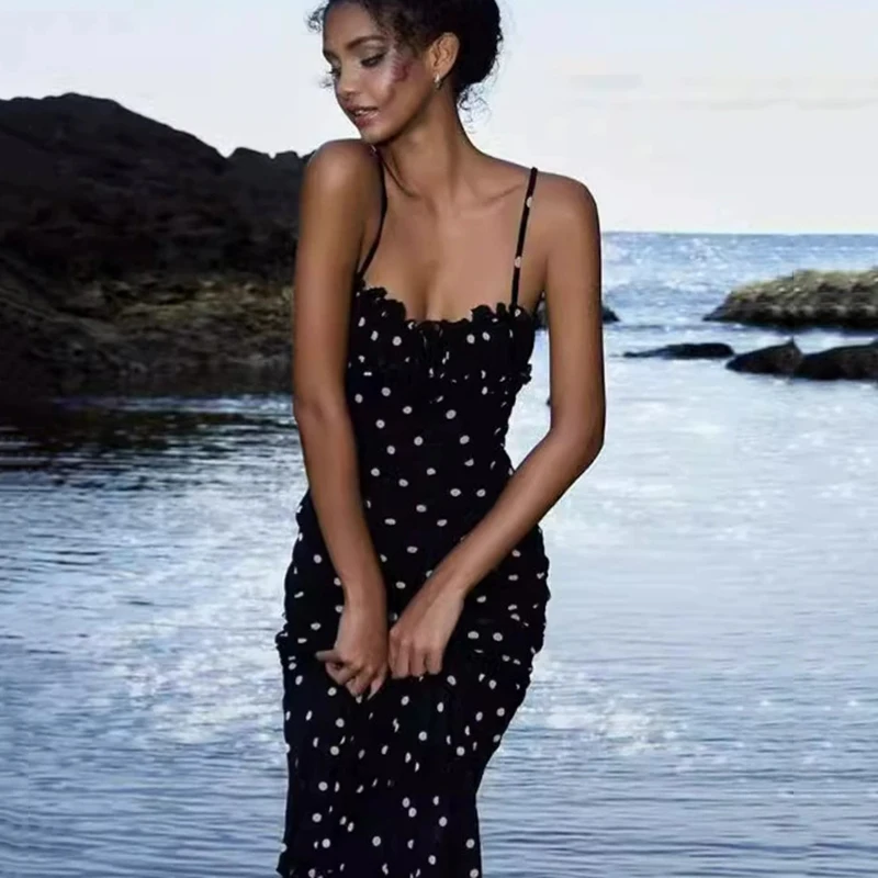 Abito lungo europeo elegante con cinturino per spaghetti Abito da donna con stampa a pois senza schienale Donna Temperamento Abito da festa e da sposa da donna