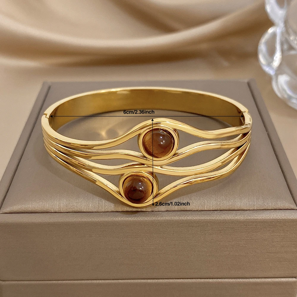 Greatera Marken-Armreif aus Edelstahl mit zweilagigem Tigerauge-Stein für Damen und Herren, Festival-Party, Vintage, stapelbar, wasserdichter Schmuck – Detail 5