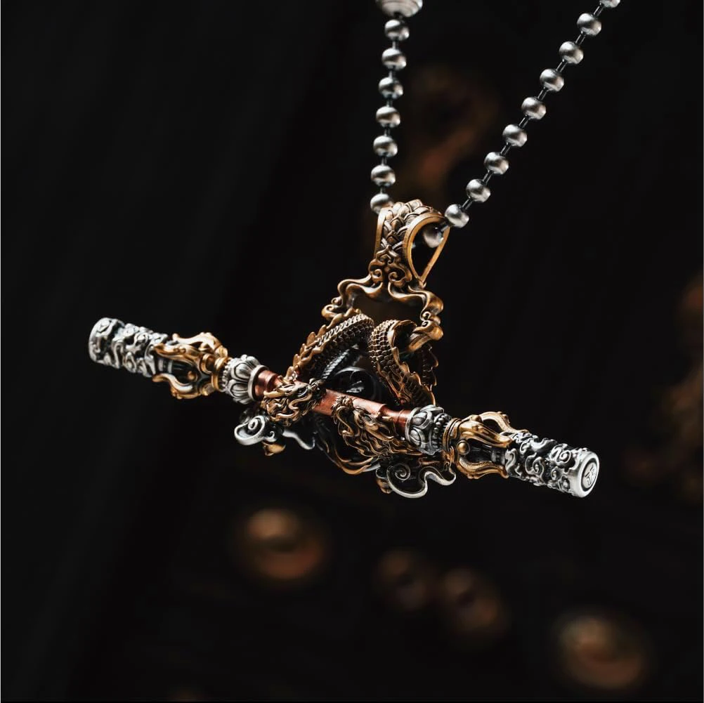 Unisex Dragon Vajra Pestle Pendant Necklace, Retro Two-tone Dragon Carved Dorje Amulet Necklace Buddhist Protection Jewelry Gift