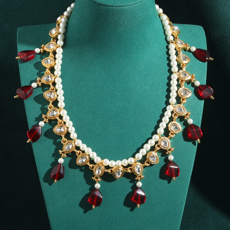 

Vintage Red Glass Choker Necklaces Pearl Crystal Water Drop Chain Charm Accessories For Women Wedding Bride Gift Dinner 2025