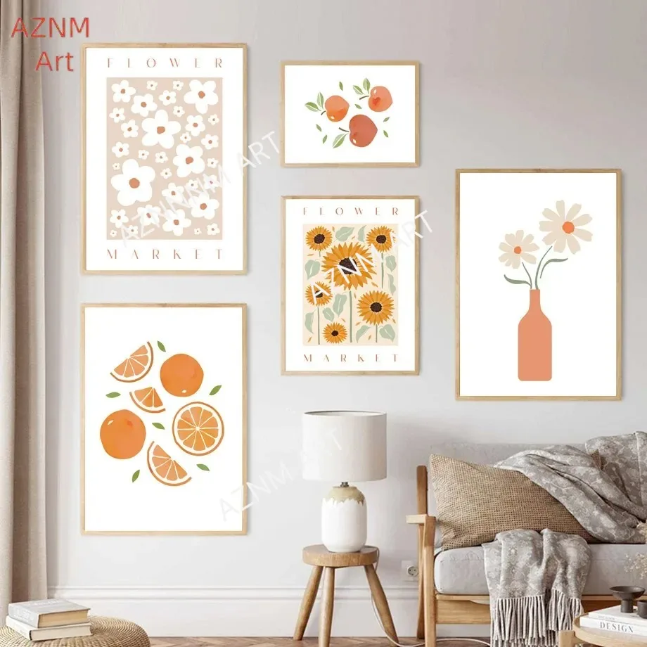 Flower Market Sunflower Orange Peach Vase Abstract Boho Art Canvas Painting Nordic Poster Prints Wall Pictures Living Room Decor
