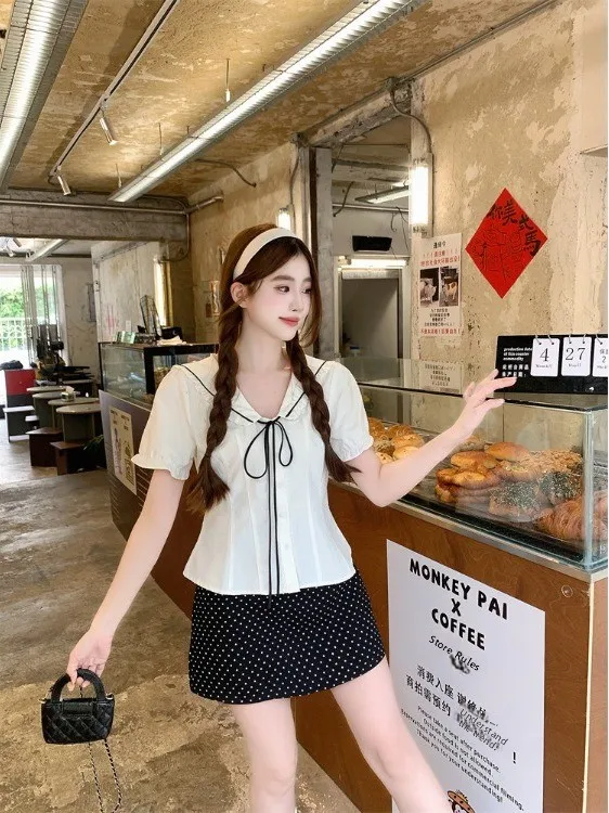 

plus Size College Style Set Summer New Design Naval Collar Belted Short Sleeve Shirt Polka Dot Skirt Fashionable Ensemble