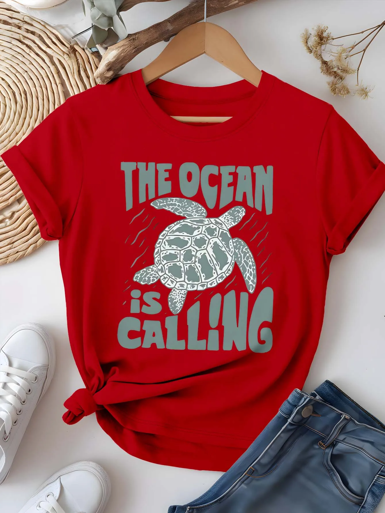 Pesisir Chic Grafis Penyu Laut Artistik Ukuran Besar - Kaus Lengan Pendek Musim Panas Terinspirasi