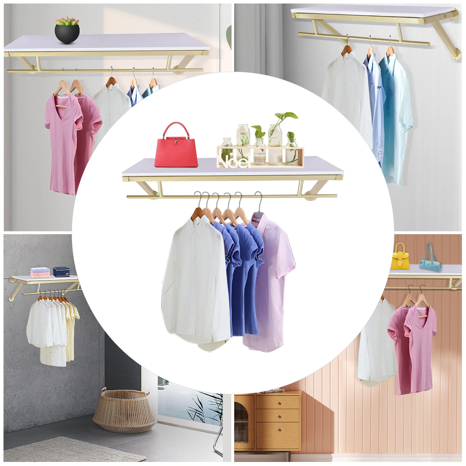 

Gold Wall Mounted Garment Rack,Steel Clothes Rack with Top Shelf Detachable Multi-Purpose Hanging Rod for Closet Storage