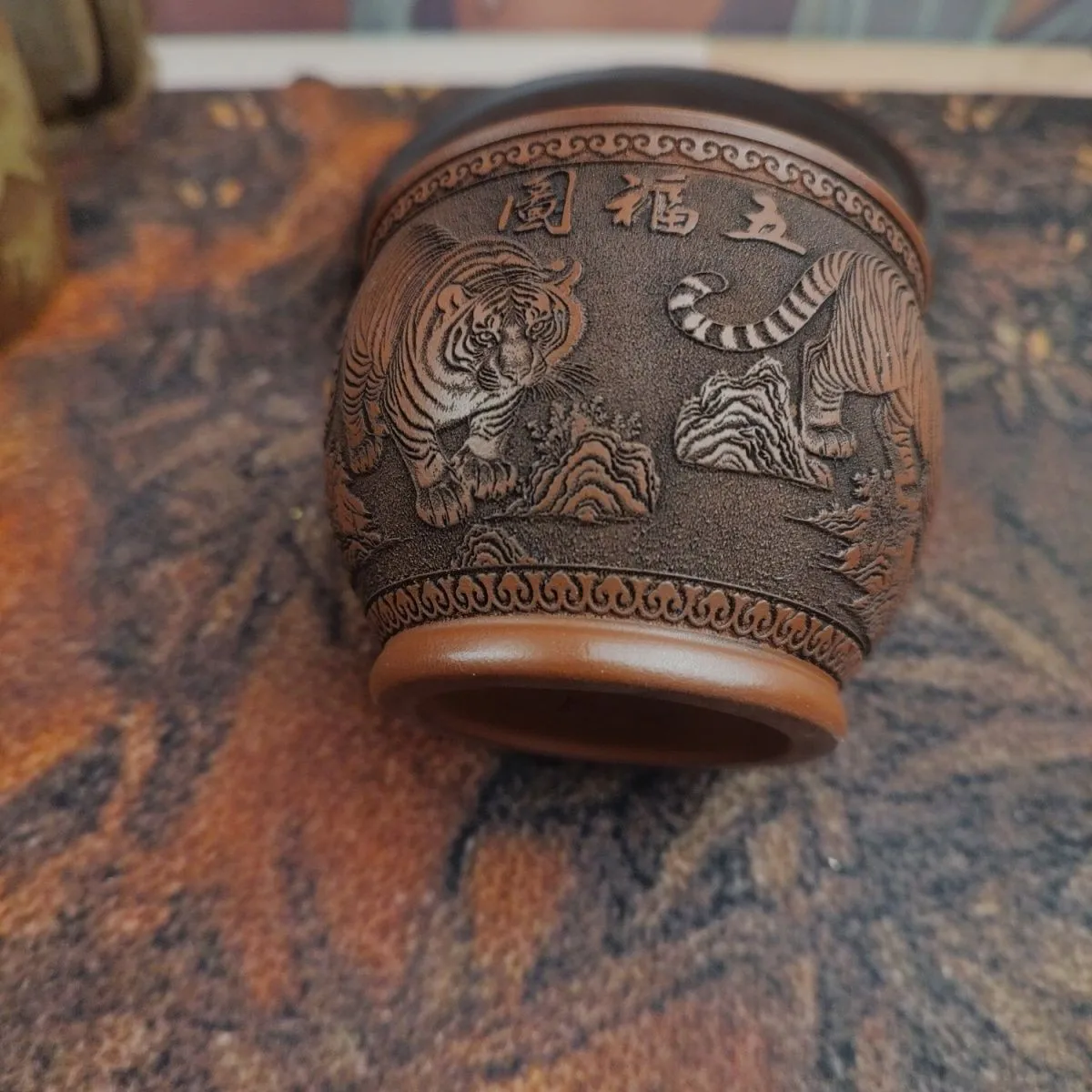 Yixing Zisha Zhuni Teacup 2.95in 150cc Hand Carved Five Tigers Relief Desktop Collectible Tea Ceremony Craft