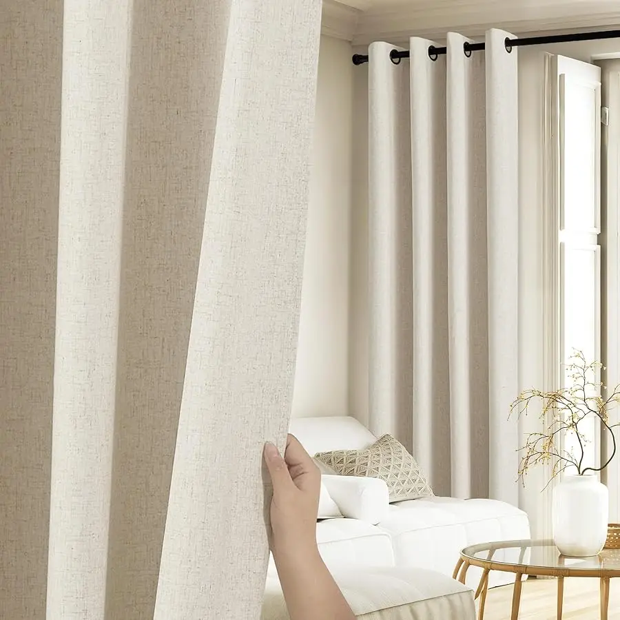 

Natural 100% Blackout Linen Curtains 84 inch Long Burg for Li ing Room, 2 Panels, 52" Wide, Farmhouse Thick Completely Blackout