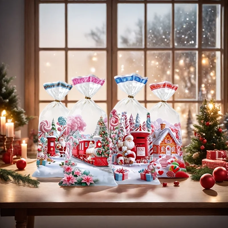 50/100pcs Christmas Transparent Glass Paper Gift Bags, 4-Style Mixed Santa Claus Snowman Plastic Gift Bags with Ribbon,Candy Bag
