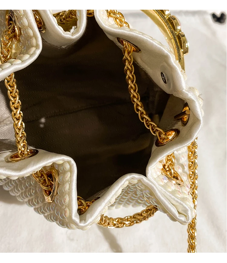 Pearl Beaded Metal Ring Handle Bucket Bag Women\'s Handbag Luxury Evening Bag Wedding Party Clutch Purse Shoulder Messenger Bag