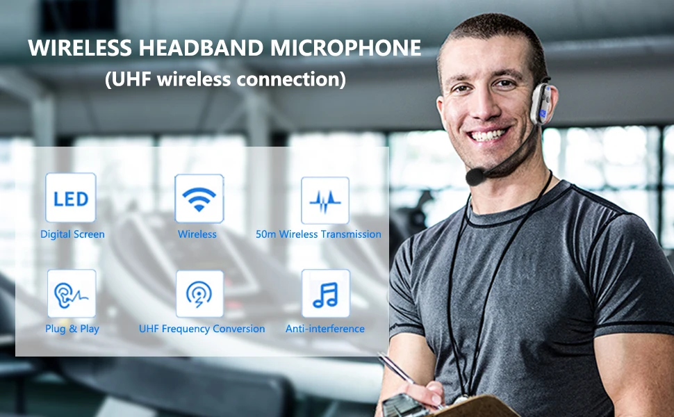 XIAOKOA Kabelloses Mikrofon-Headset, kabelloses UHF-Headset und tragbares 2-in-1-Mikrofon mit LED-Digitalanzeige, 165 Fuß Reichweite – Detail 1