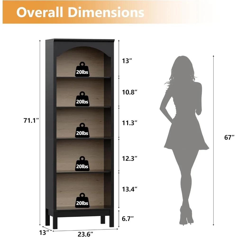 Wysoki drewniany regał na książki z 5 poziomami, 71 regulowanych półek, 24-calowy szeroki, łukowy, otwarty regał podłogowy do przechowywania i ekspozycji.