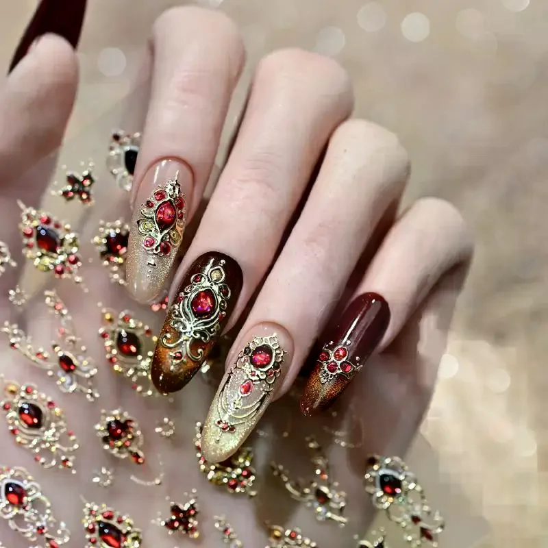 Luxurious Emerald Ruby Baroque Scepter Nail Stickers Shiny  Imitation Gemstone Jewelry Manicure DIY Decals Accessories 5D