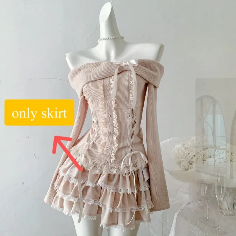 Sweet Cute Girl Spliced Lotus Leaf Edge Waist Cinching Slim Slash Neck Top High Waist Cake Skirt Two Piece Sets Pink New Clothes image 6