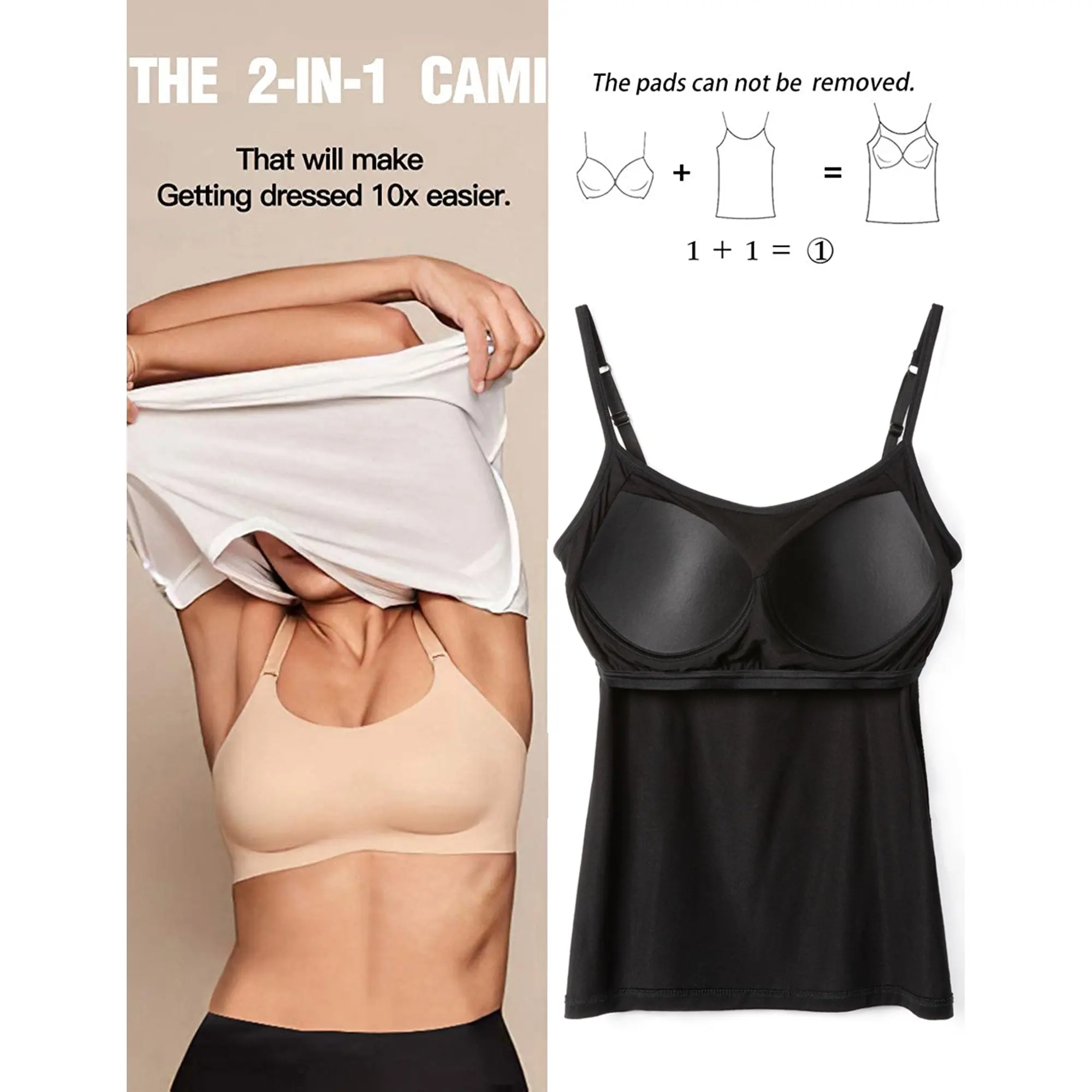 Women Comfort Casual Padded Camisole Spaghetti Solid Color Tank Top With Built In Bra Fitness Sleeveless Tube Top