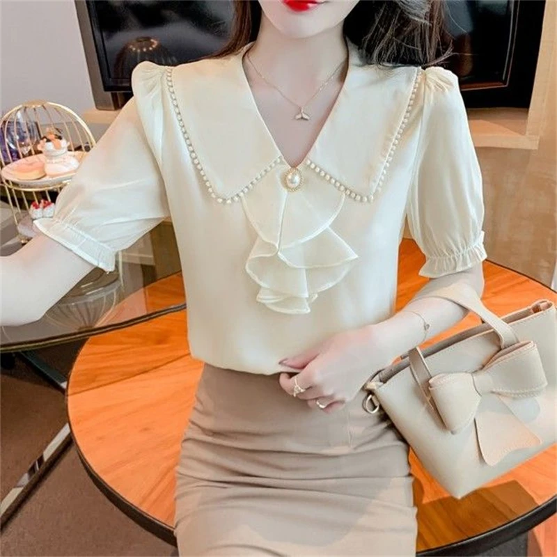 Women Stylish Ruffles Beaded Lace Blouses Elegant Sweet Chic Short Sleeve Shirts Summer Solid Slim Chiffon Tops Blusa De Mujeres