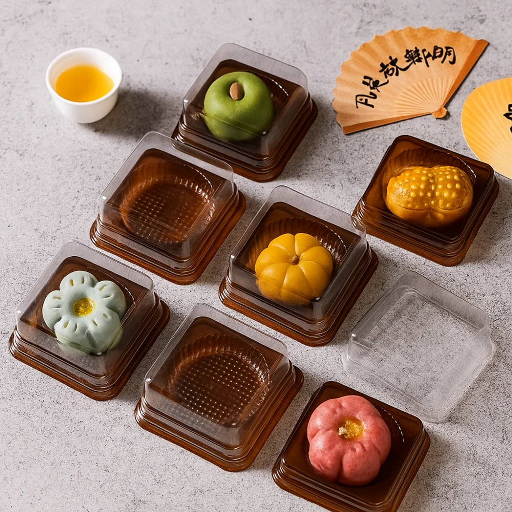 

50pcs 50/80//100g Moon Cake Boxes Transparent Plastic Cupcake Boxes Square Shape Muffin Container Box Pastry Display